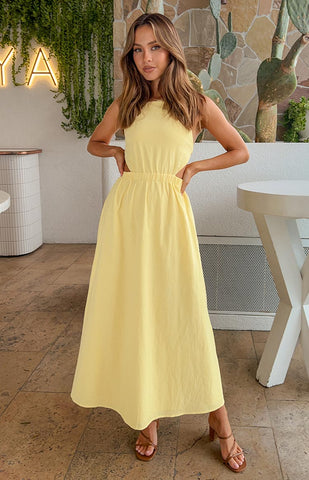 Sunshine Yellow Backless Midi Dress for Effortless Summer Style