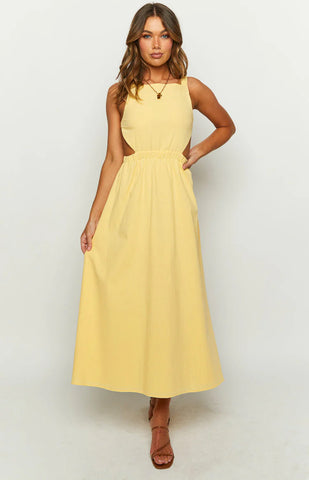 Sunshine Yellow Backless Midi Dress for Effortless Summer Style