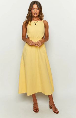 Sunshine Yellow Backless Midi Dress for Effortless Summer Style