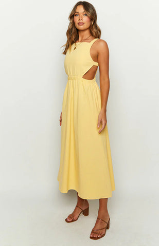 Sunshine Yellow Backless Midi Dress for Effortless Summer Style
