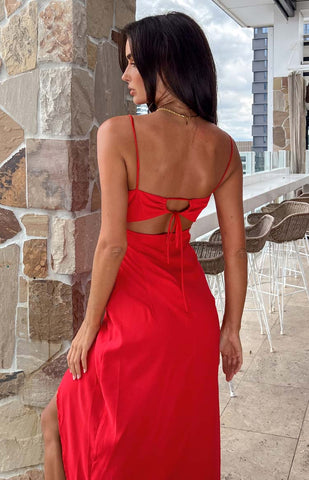 Effortless Red Square Neck Midi Dress with Back Cut-Out Detail