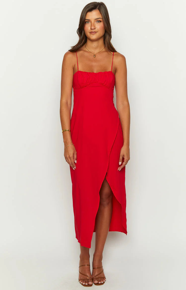 Effortless Red Square Neck Midi Dress with Back Cut-Out Detail