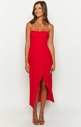 Effortless Red Square Neck Midi Dress with Back Cut-Out Detail