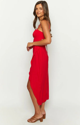 Effortless Red Square Neck Midi Dress with Back Cut-Out Detail