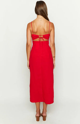 Effortless Red Square Neck Midi Dress with Back Cut-Out Detail