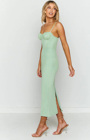 Elegant Green Mesh Midi Dress with Back Criss Cross Straps