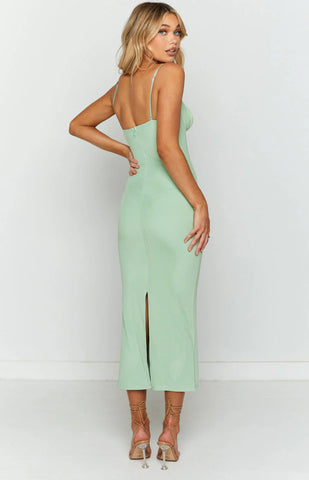 Elegant Green Mesh Midi Dress with Back Criss Cross Straps