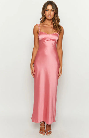 Pink Satin Maxi Dress with Floral Straps for Summer Evenings