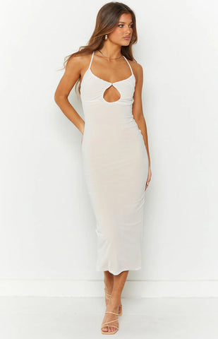 Dreamy White Mesh Midi Dress with Cross Back and Keyhole Detail