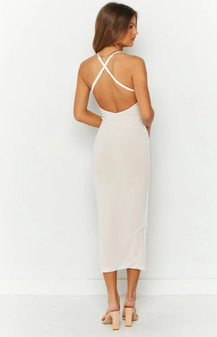 Dreamy White Mesh Midi Dress with Cross Back and Keyhole Detail