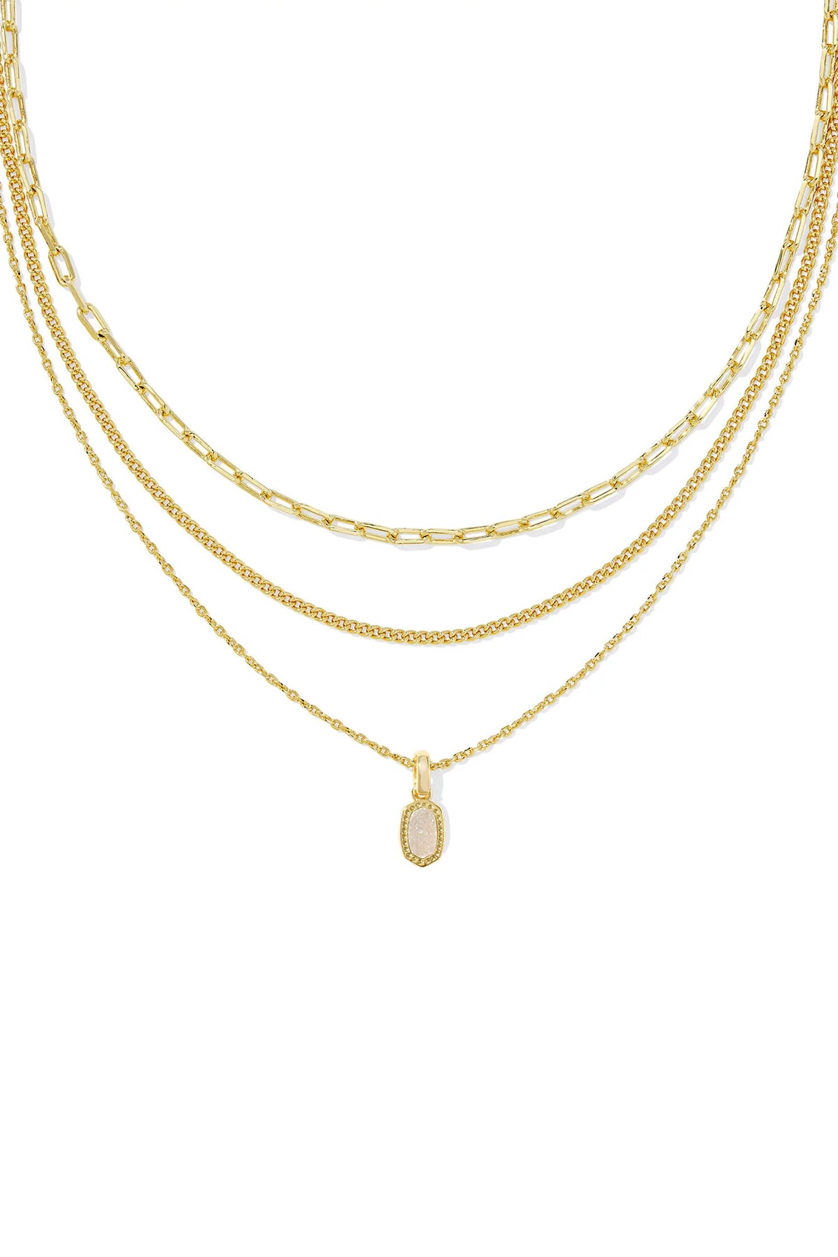 Iridescent Drusy Gold Triple Strand Necklace for Effortlessly Layered Style