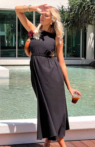 Chic Black Backless Midi Dress with Strappy Details for Evening Glamour