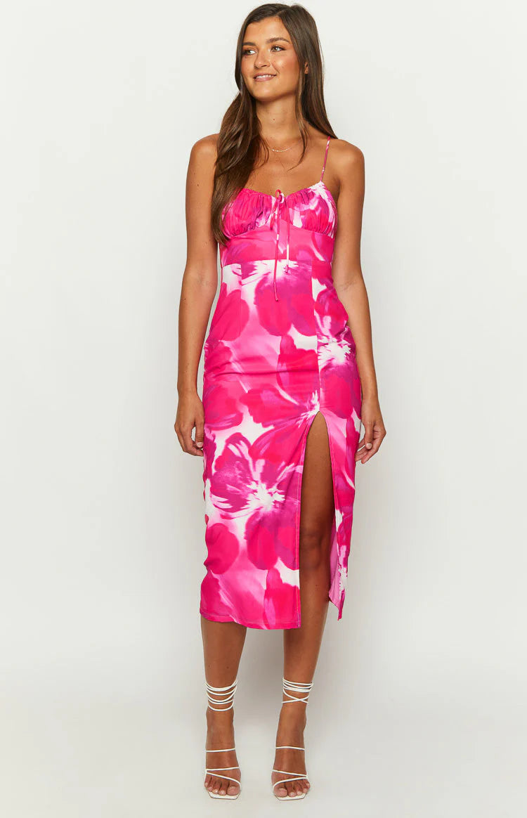 Effortless Pink Print Midi Dress for Sunset Cocktail Evenings