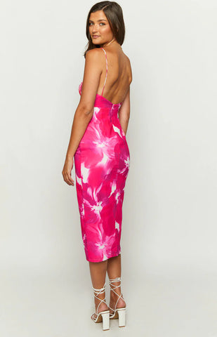 Effortless Pink Print Midi Dress for Sunset Cocktail Evenings