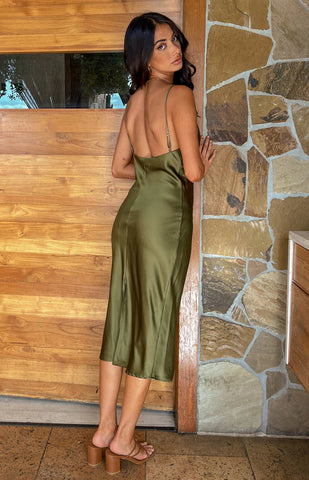 Khaki Midi Slip Dress for Effortless Formal Elegance