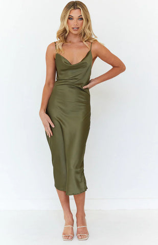 Khaki Midi Slip Dress for Effortless Formal Elegance