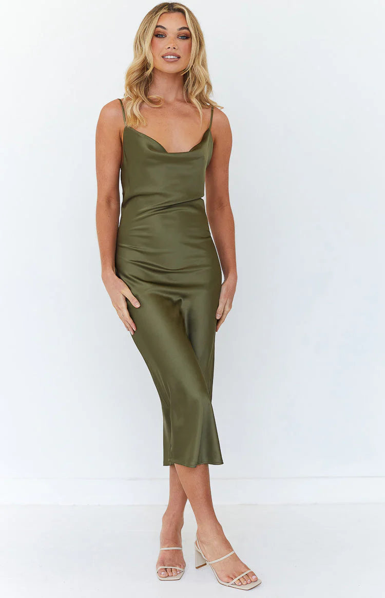 Khaki Midi Slip Dress for Effortless Formal Elegance