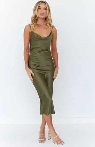Khaki Midi Slip Dress for Effortless Formal Elegance