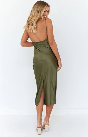 Khaki Midi Slip Dress for Effortless Formal Elegance