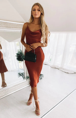 Rust Satin Slip Dress for Effortless Formal Style