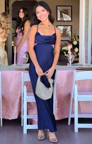 Dreamy Navy Satin Maxi Dress for Formal Evenings and Prom