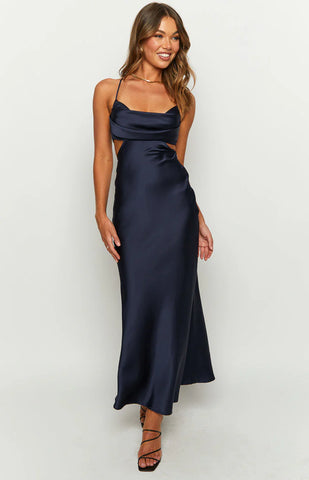 Dreamy Navy Satin Maxi Dress for Formal Evenings and Prom