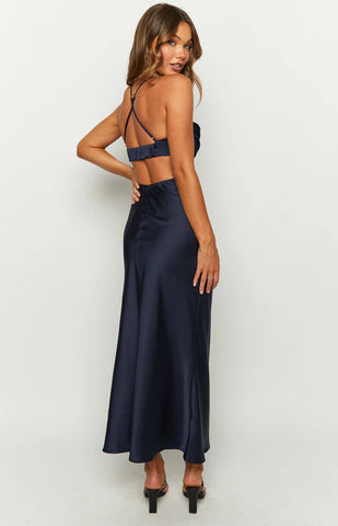 Dreamy Navy Satin Maxi Dress for Formal Evenings and Prom