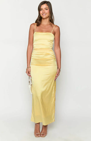 Sunshine Yellow Satin Maxi Dress for Effortless Summer Evenings