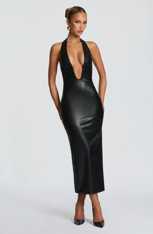 Chic Black Faux Leather Midi Dress with Plunge Halter Neckline