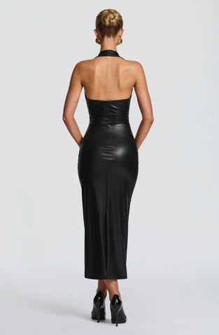 Chic Black Faux Leather Midi Dress with Plunge Halter Neckline