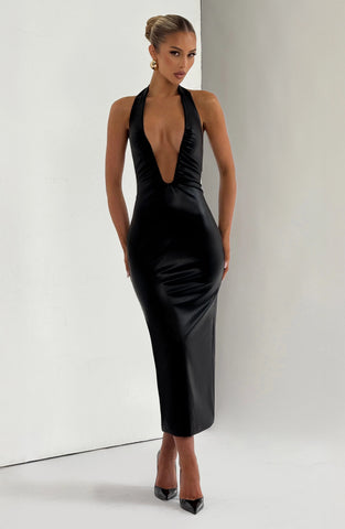 Chic Black Faux Leather Midi Dress with Plunge Halter Neckline