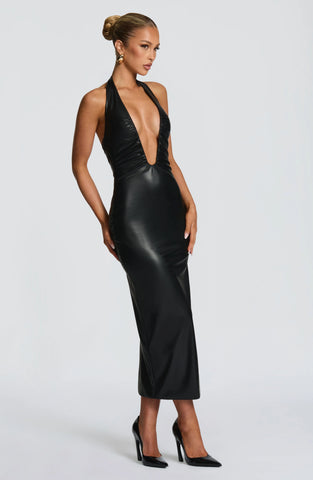 Chic Black Faux Leather Midi Dress with Plunge Halter Neckline