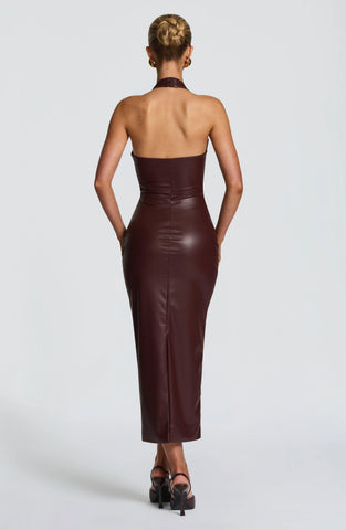 Rich Burgundy Faux Leather Midi Dress with Plunge Halter Neck