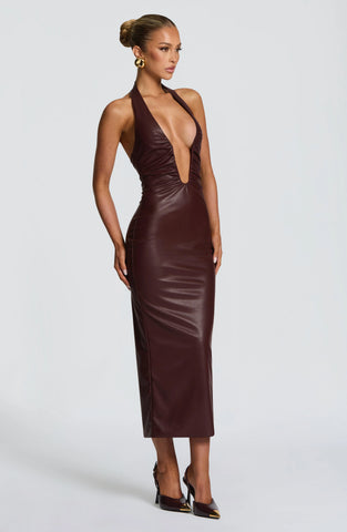 Rich Burgundy Faux Leather Midi Dress with Plunge Halter Neck