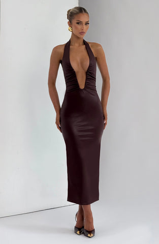 Rich Burgundy Faux Leather Midi Dress with Plunge Halter Neck