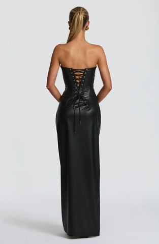 Sleek Black Faux Leather Maxi Dress with Dramatic Lace-Up Back