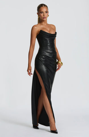 Sleek Black Faux Leather Maxi Dress with Dramatic Lace-Up Back