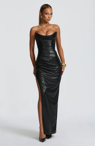 Sleek Black Faux Leather Maxi Dress with Dramatic Lace-Up Back