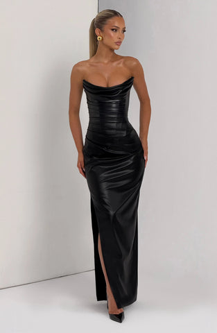 Sleek Black Faux Leather Maxi Dress with Dramatic Lace-Up Back