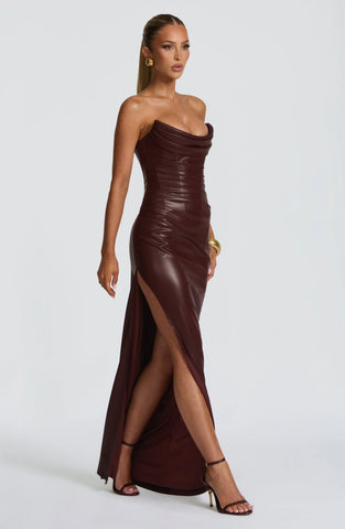 Burgundy Maxi Dress with Daring Thigh-High Slit & Lace-Up Back
