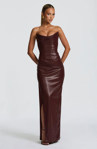 Burgundy Maxi Dress with Daring Thigh-High Slit & Lace-Up Back