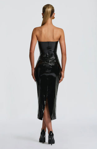 Sleek Black Vinyl Midi Dress for a Contoured Evening Look