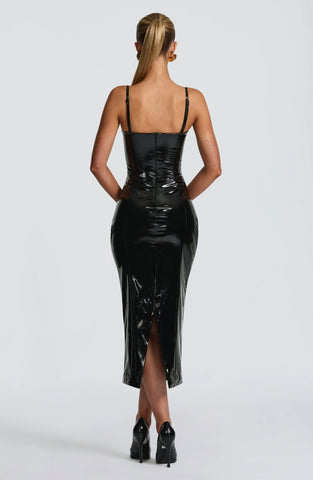 Sleek Black Vinyl Midi Dress for a Contoured Evening Look