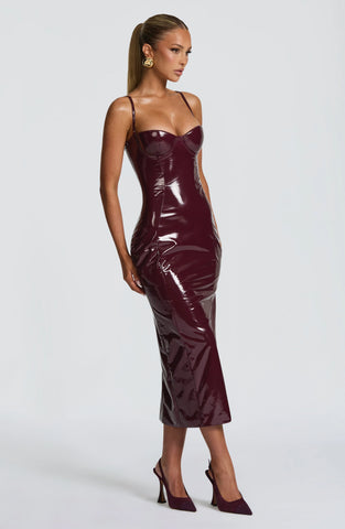 Cherry Lacquer Midi Dress for a Bold, Body-Hugging Silhouette