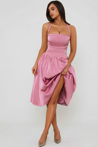 Romantic Halterneck Midi Dress with Corset Lace-Up Back