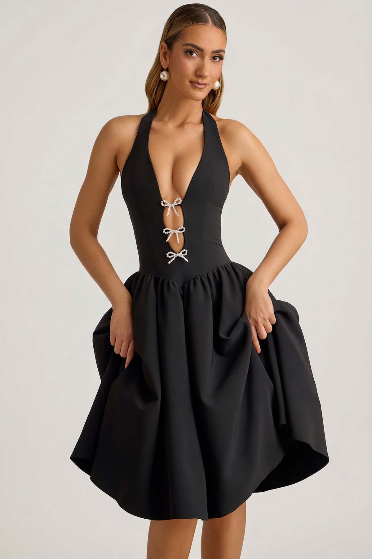 Pearl-Embellished Midi Dress for Effortless Evening Glamour