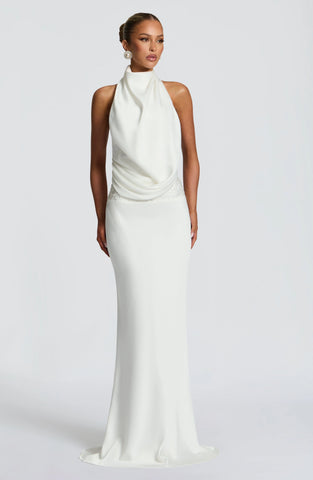 Elegant Ivory Satin Maxi Dress with Draped Cowl Neckline