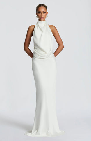 Elegant Ivory Satin Maxi Dress with Draped Cowl Neckline