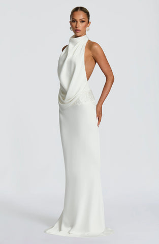Elegant Ivory Satin Maxi Dress with Draped Cowl Neckline
