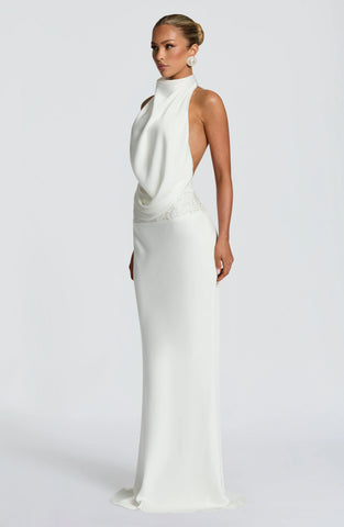Elegant Ivory Satin Maxi Dress with Draped Cowl Neckline
